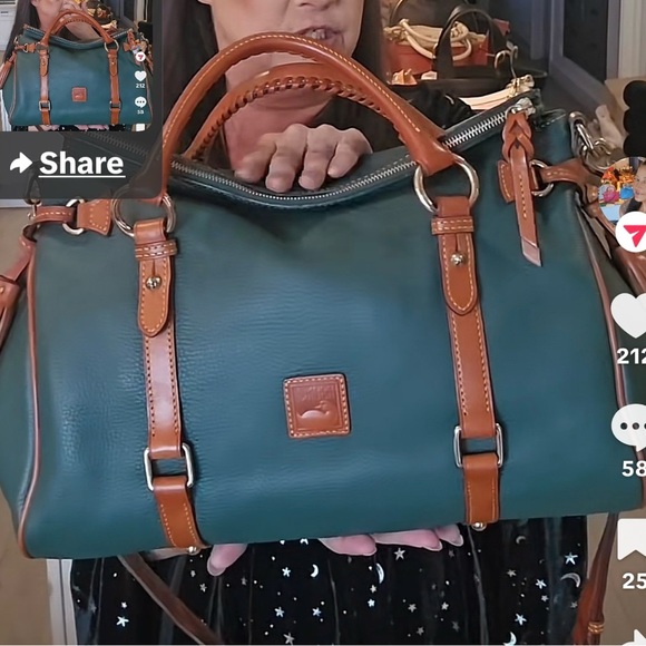 Dooney & Bourke Forest Green Florentine Pebbled Leather Satchel with Tan Trim - Picture 3 of 16